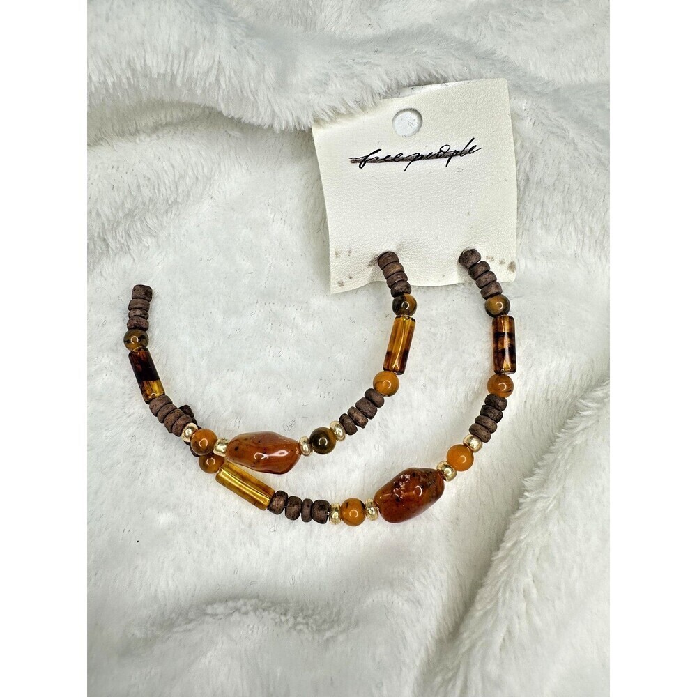 NEW Free People Beaded Hoop Earrings Set Brown Gold Tone Bohemian Beads Chic